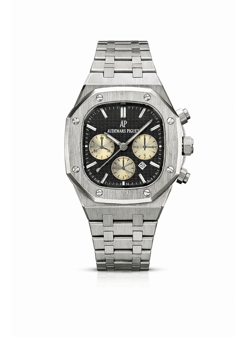 ساعة يد رجالي أوديمار بيغيه كرونوغراف بحركة كوارتز مع قرص أسود وسوار ستانلس ستيل